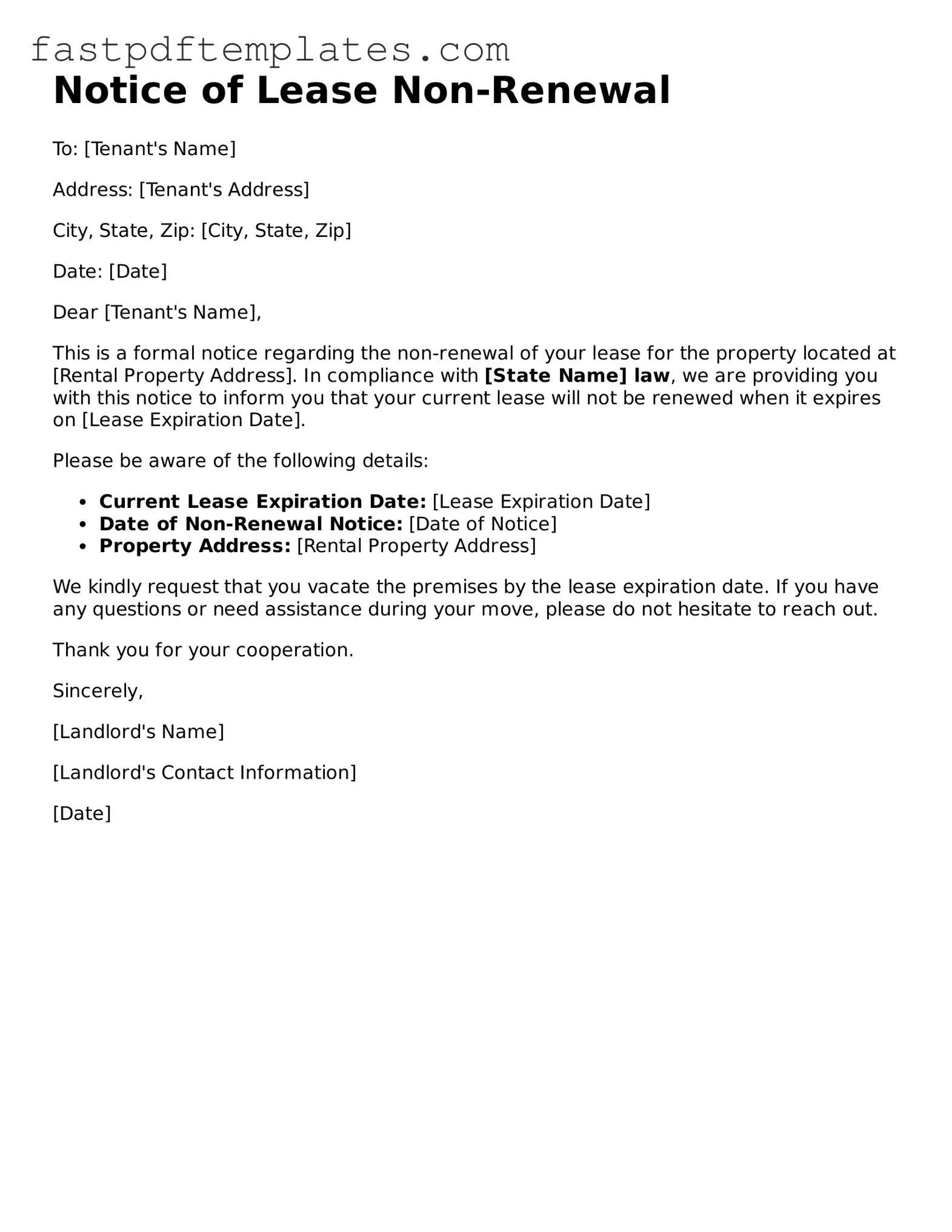 Fillable Notice of Lease Non-Renewal Document