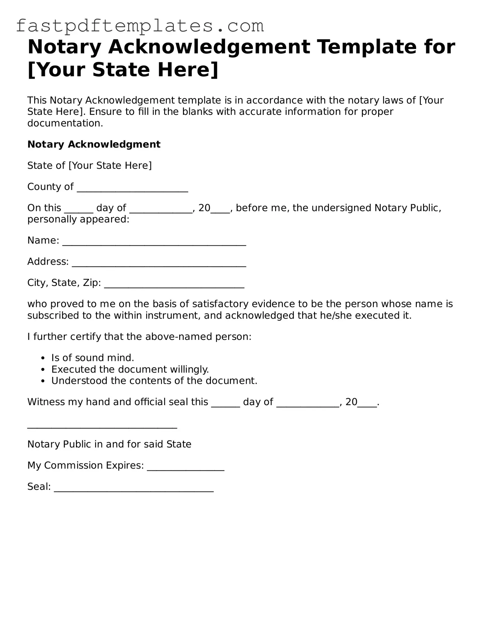 Fillable Notary Acknowledgement Document