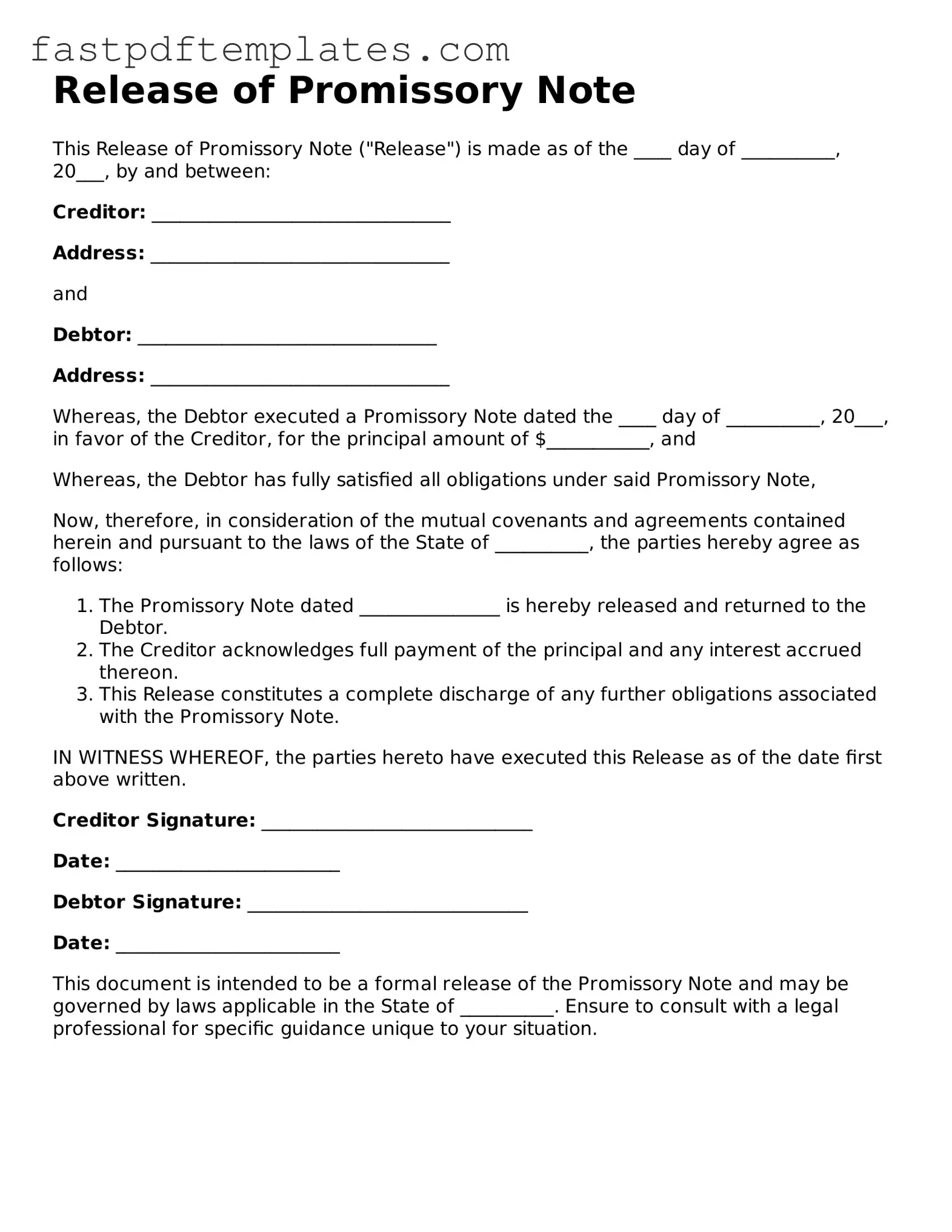 Fillable Release of Promissory Note Document