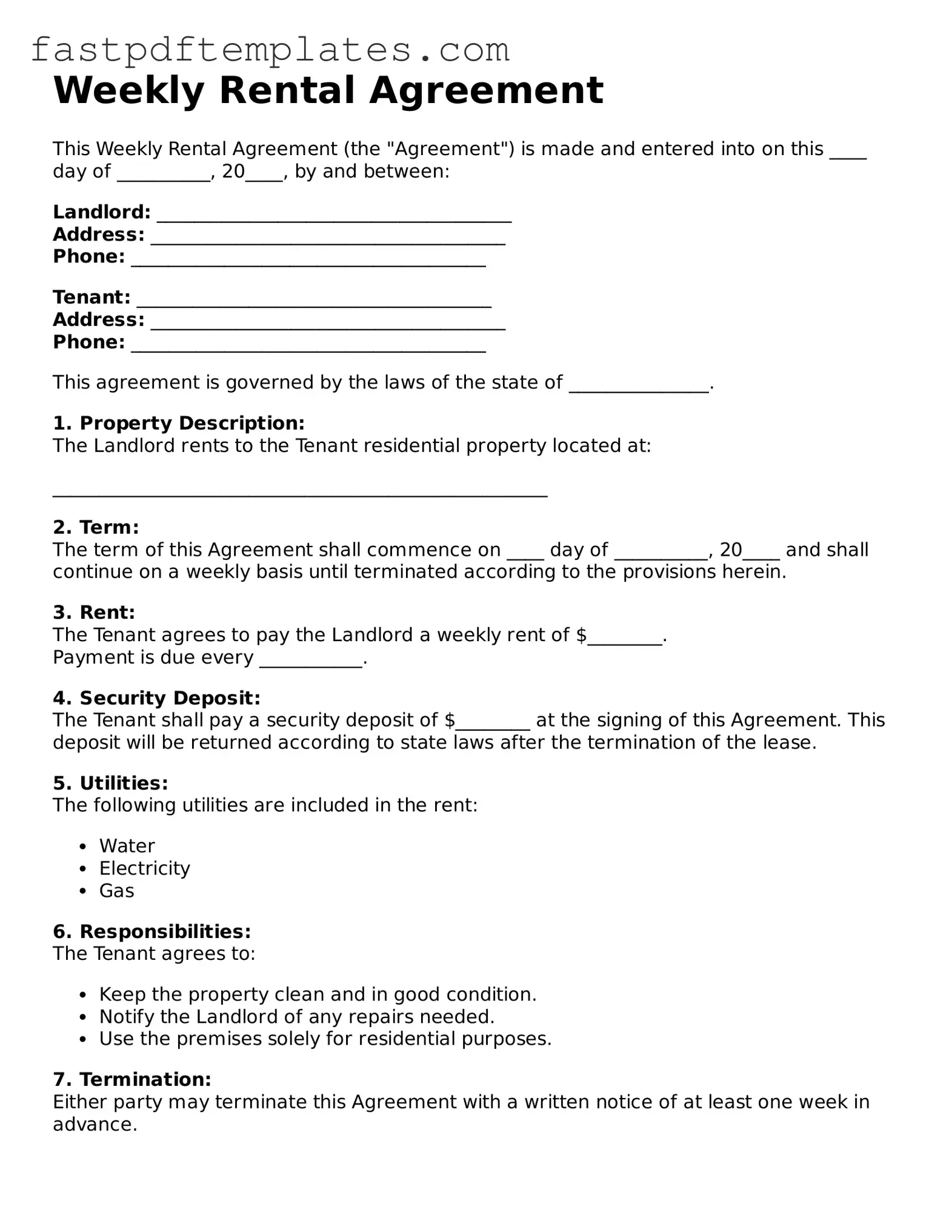 Fillable Weekly Rental Agreement Document
