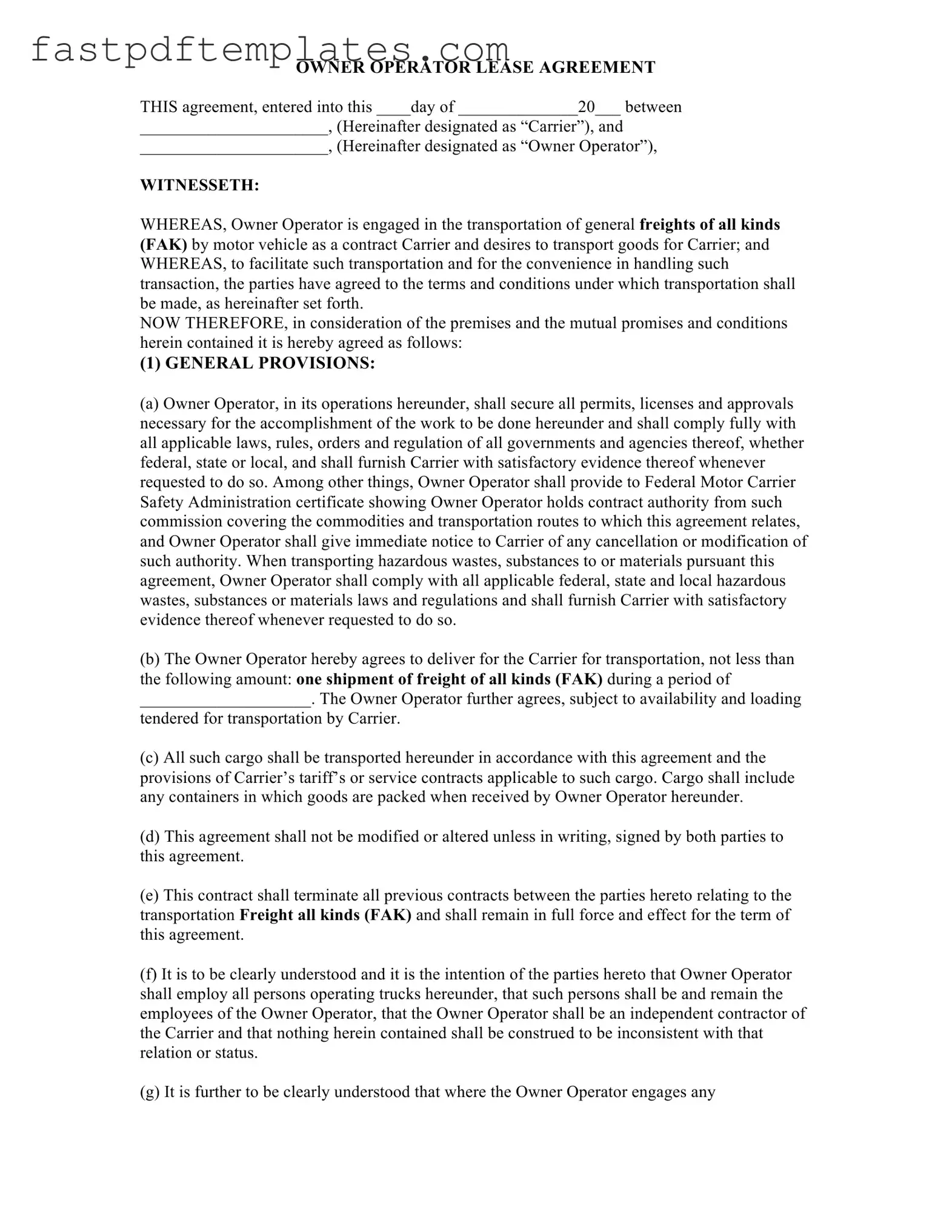 Blank Owner Operator Lease Agreement Form