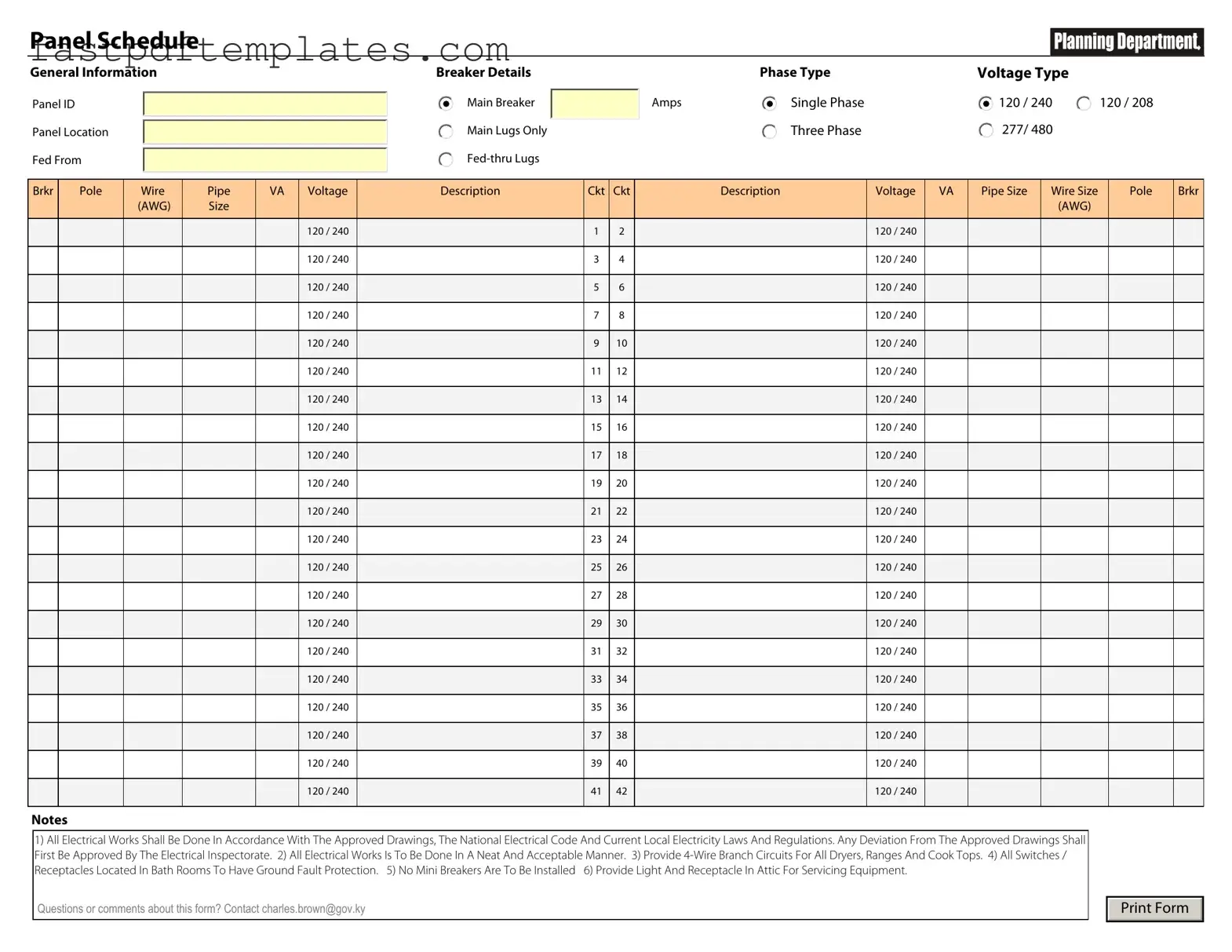 Blank Electrical Panel Schedule Form