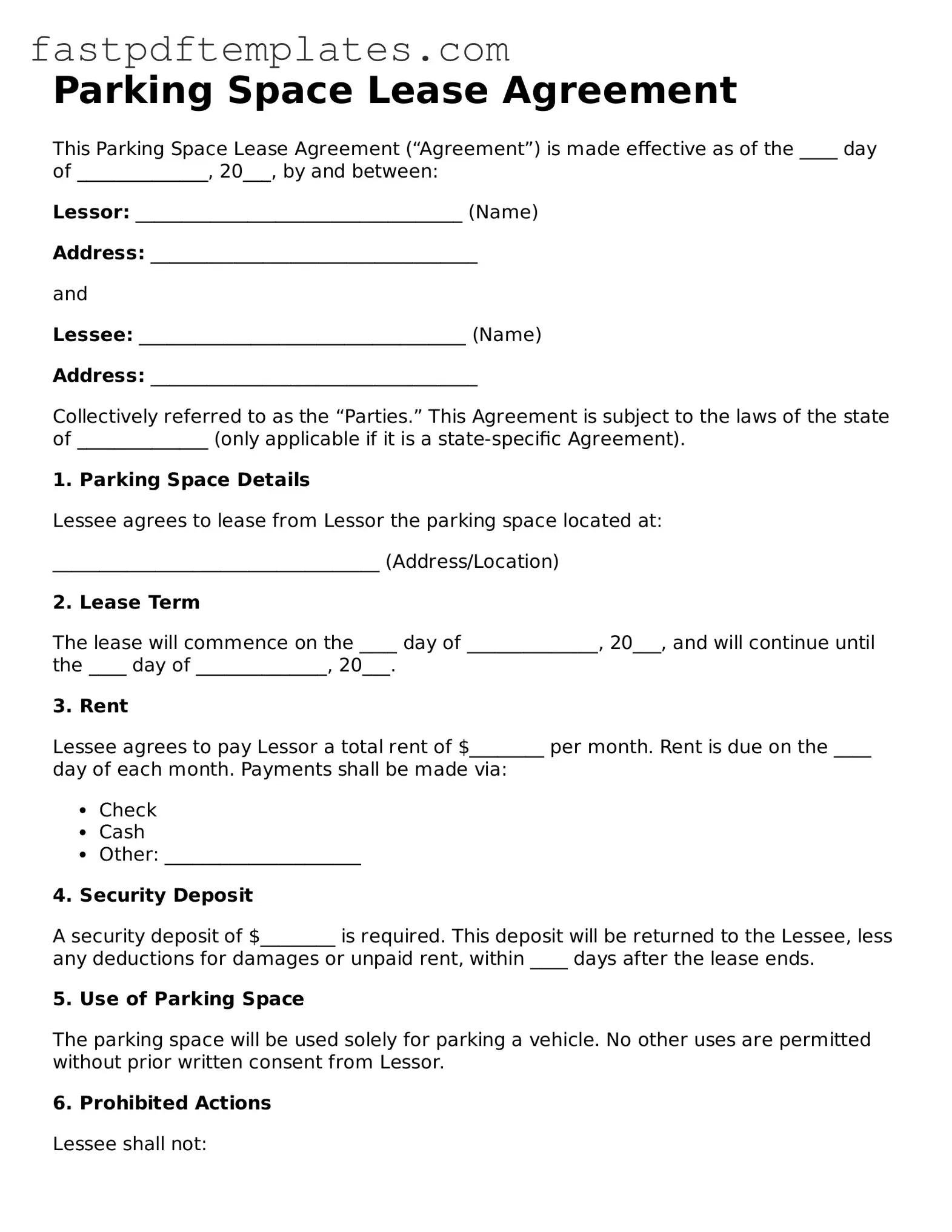 Fillable Parking Space Lease Agreement Document