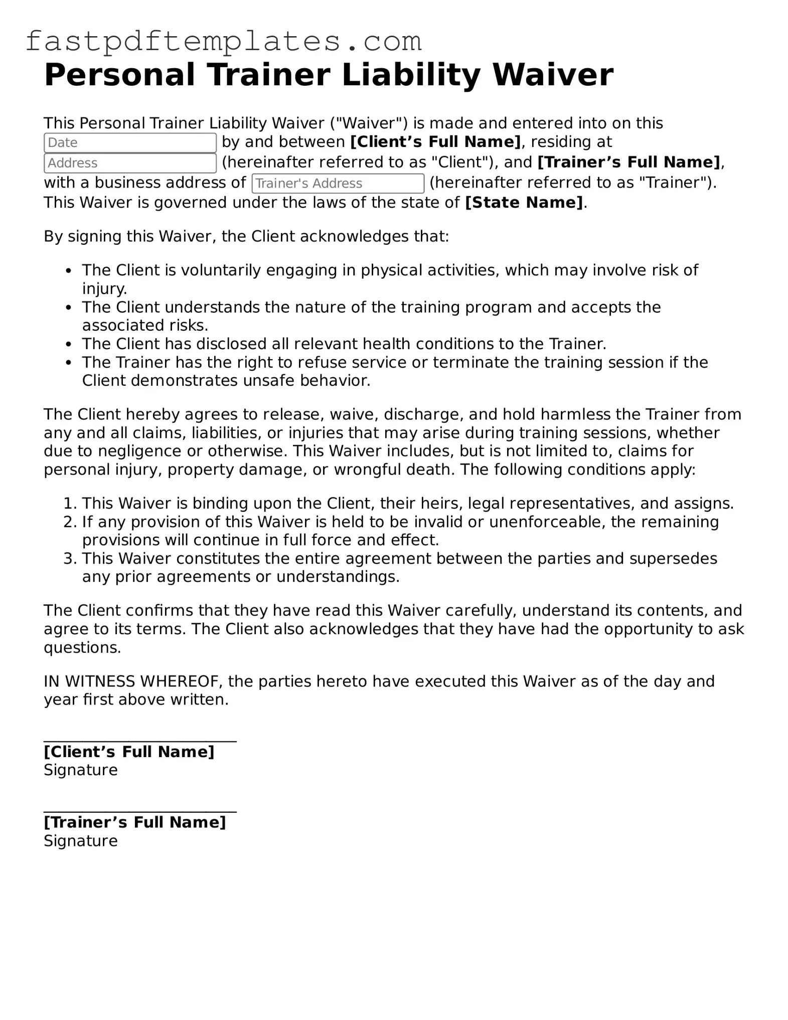 Fillable Personal Trainer Liability Waiver Document
