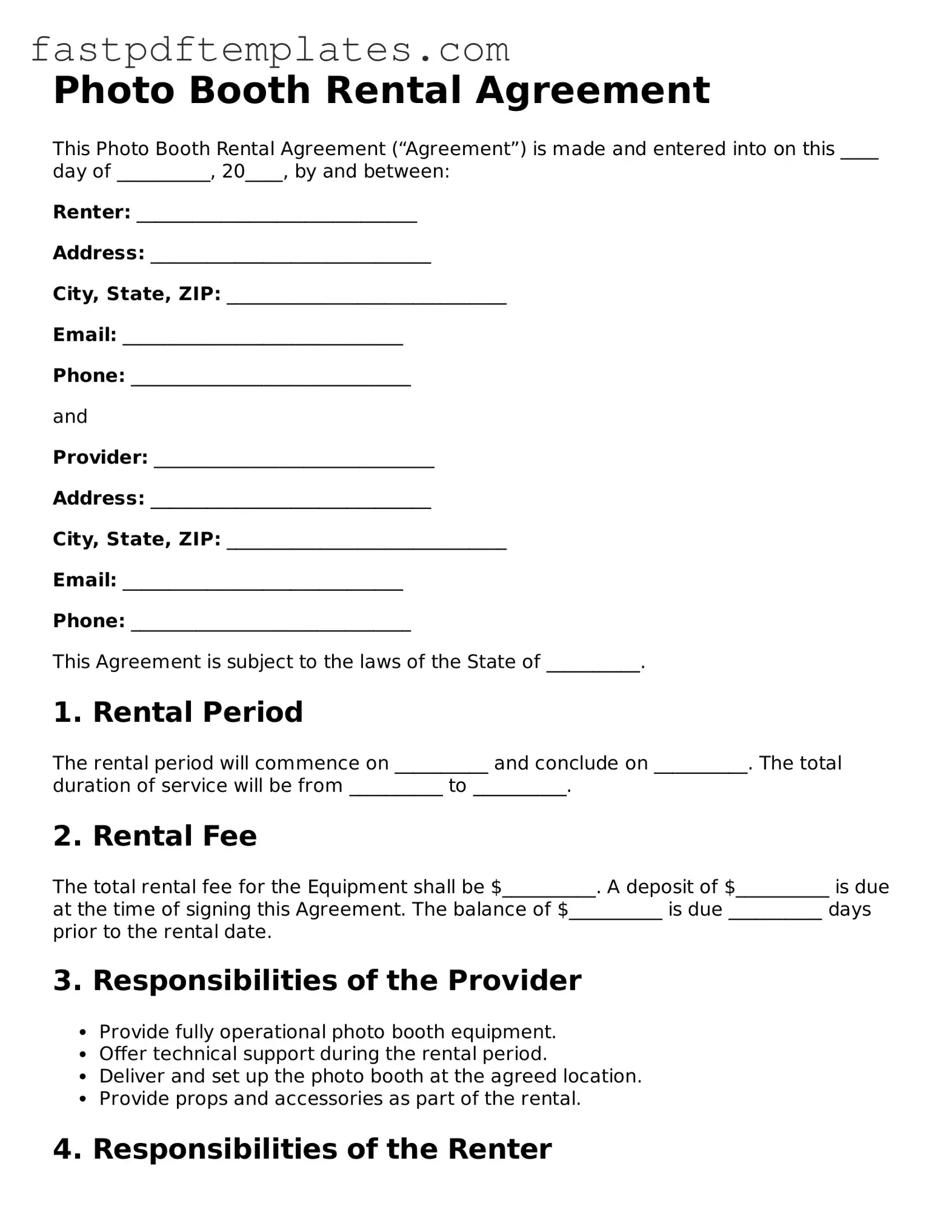 Fillable Photo Booth Rental Agreement Document