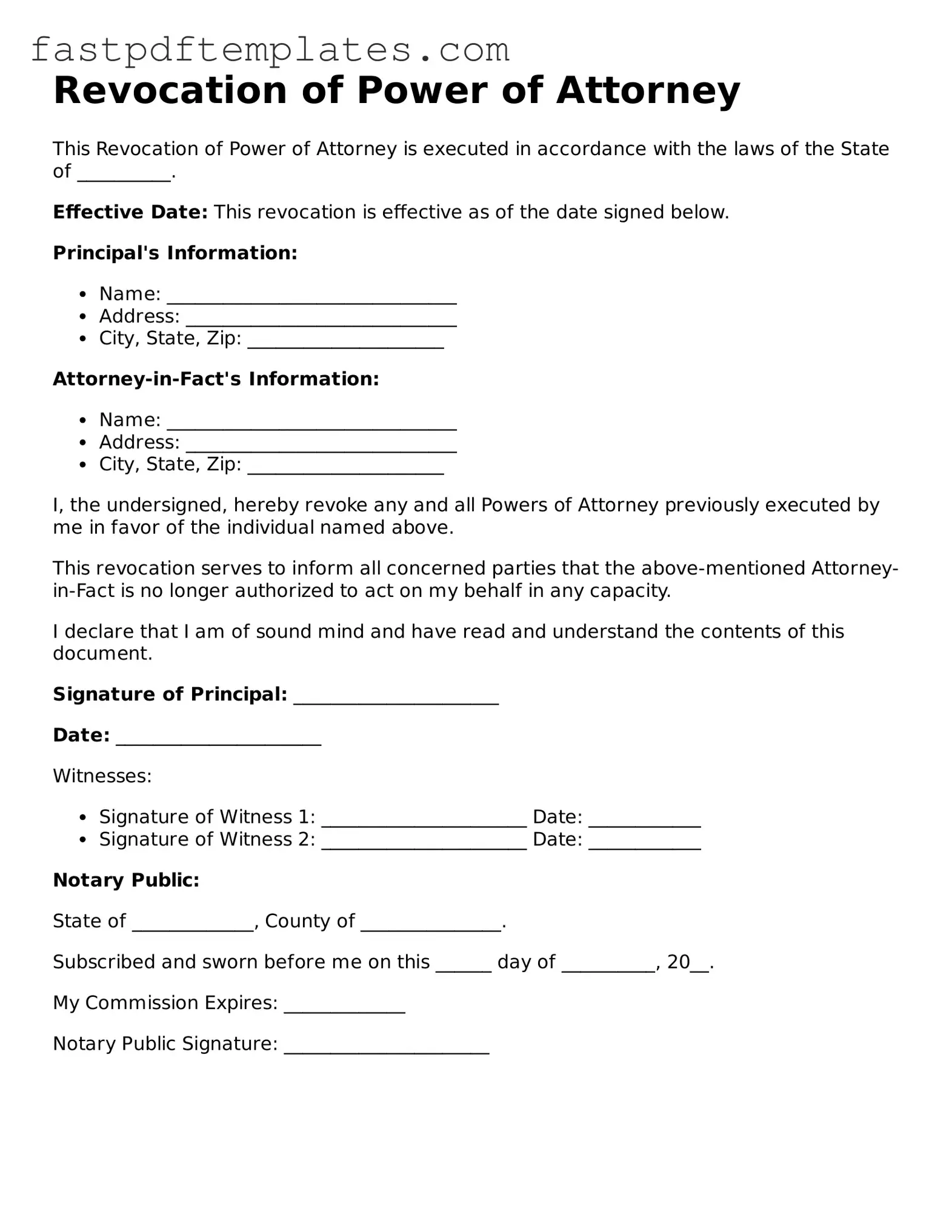 Fillable Revocation of Power of Attorney Document