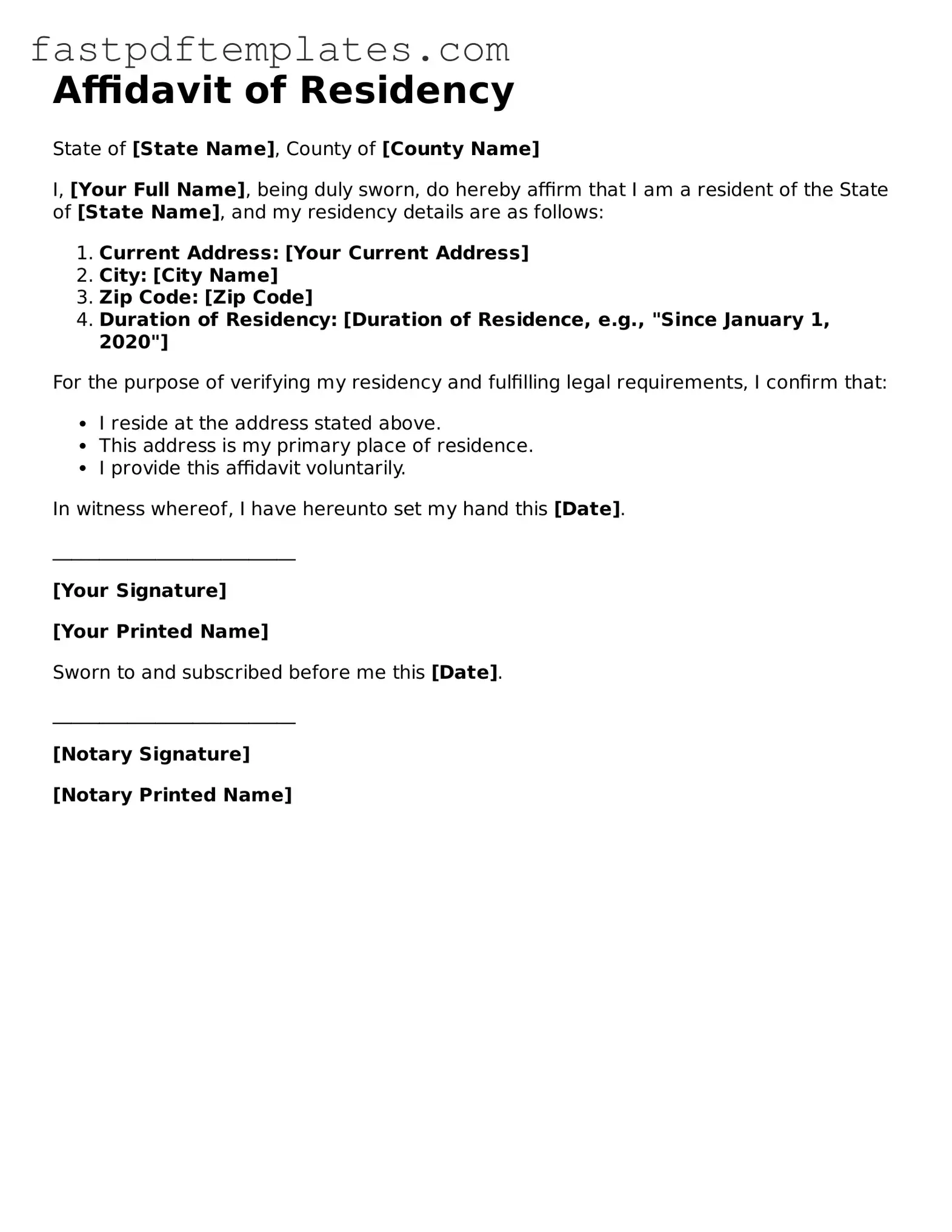 Fillable Affidavit of Residency Document