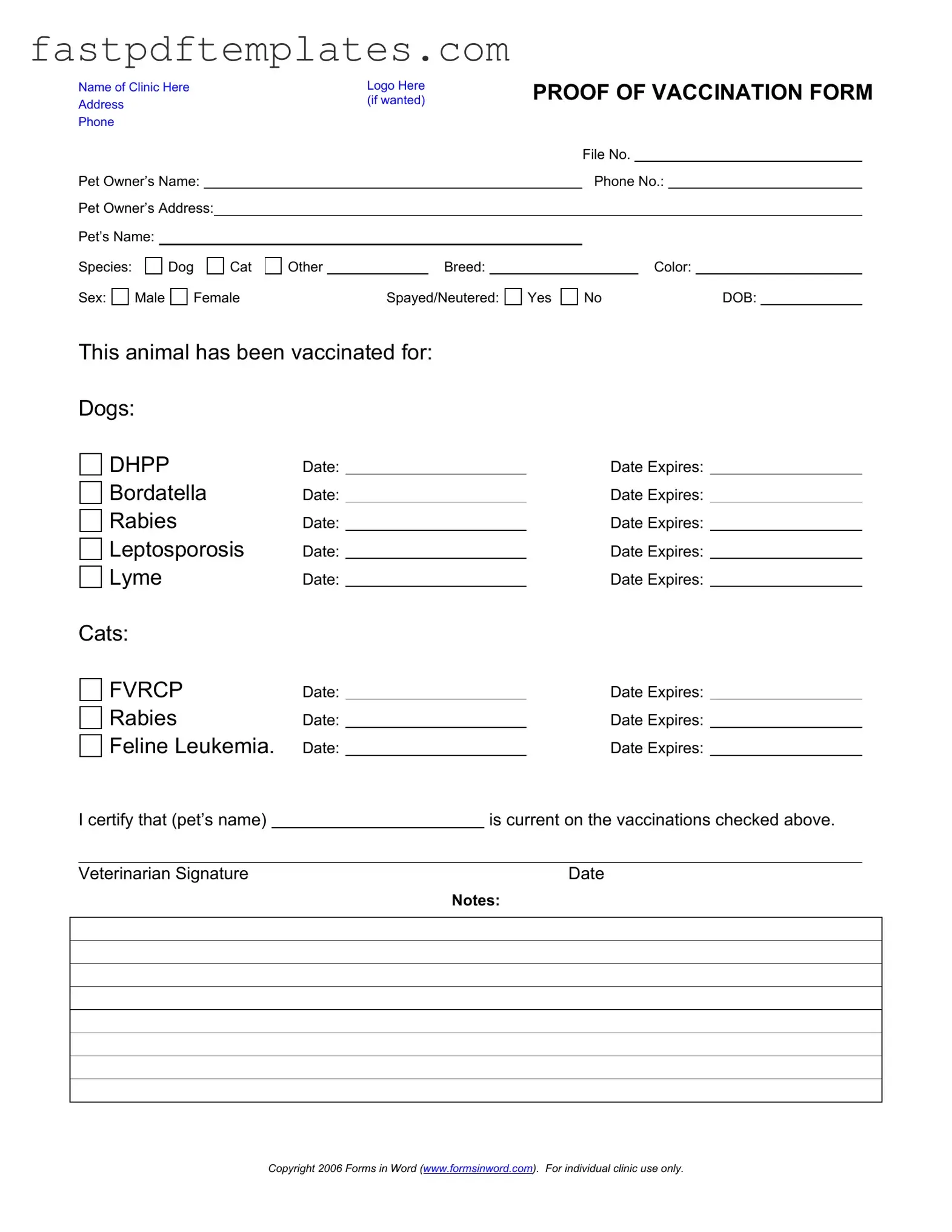Blank Proof Of Vaccination Dog Form