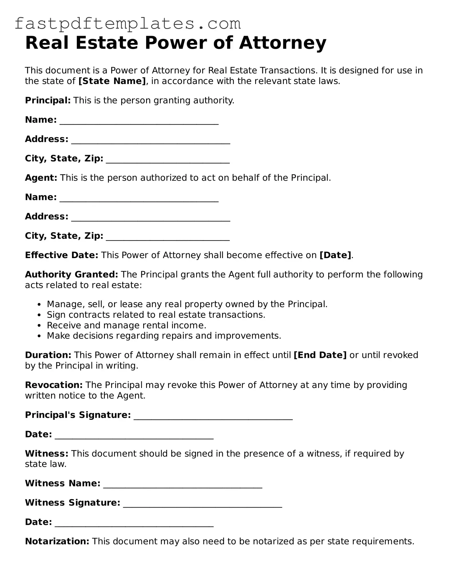 Fillable Real Estate Power of Attorney Document