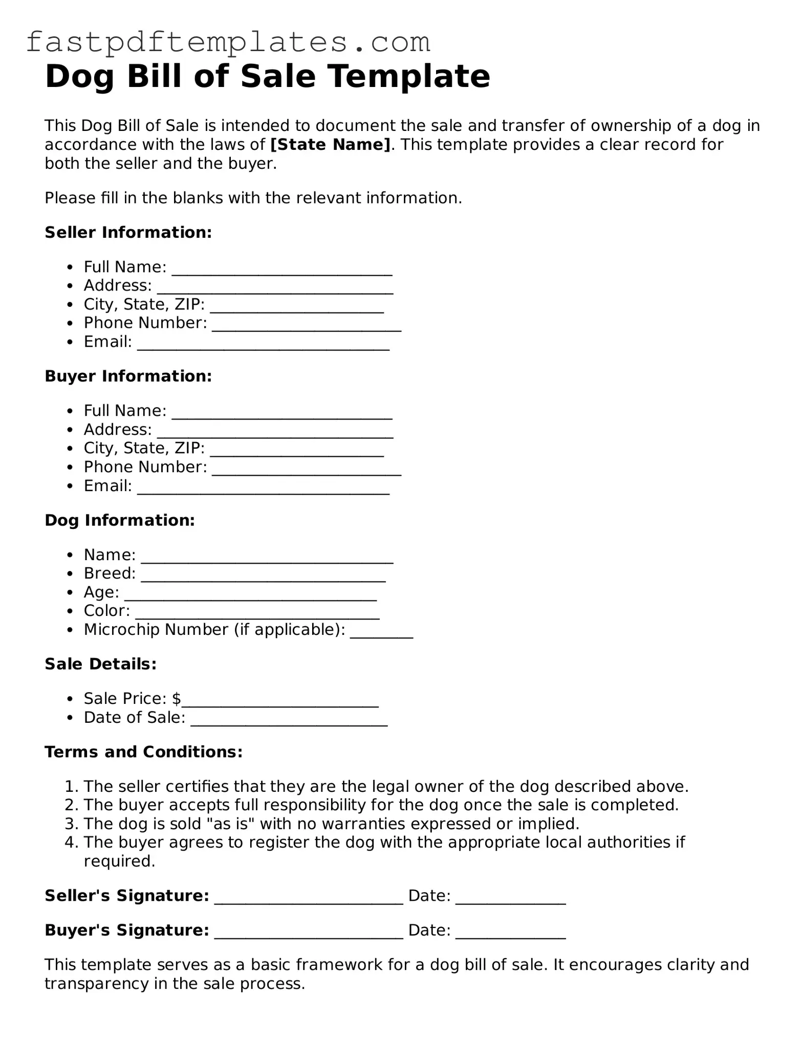 Fillable Dog Bill of Sale Document
