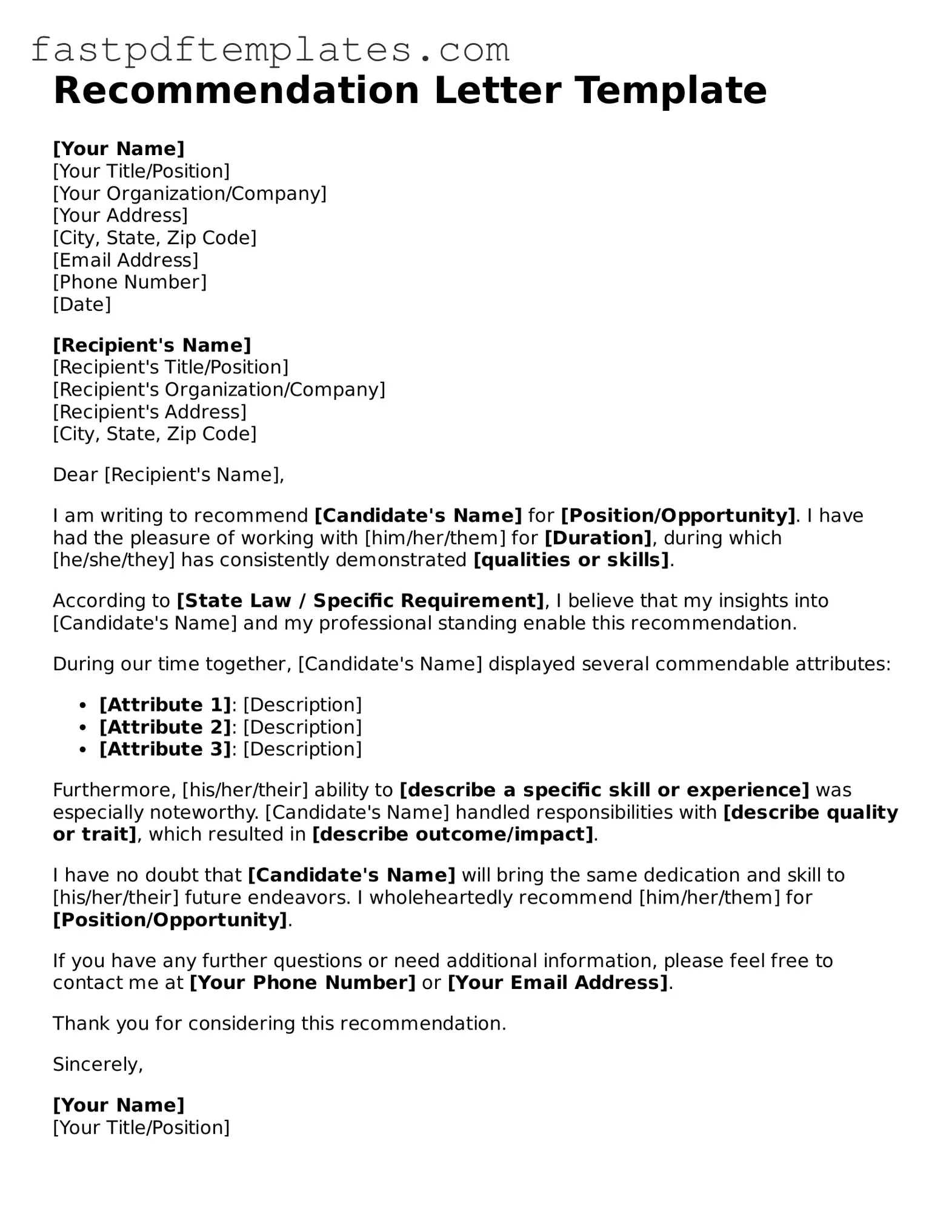 Fillable Recommendation Letter Document