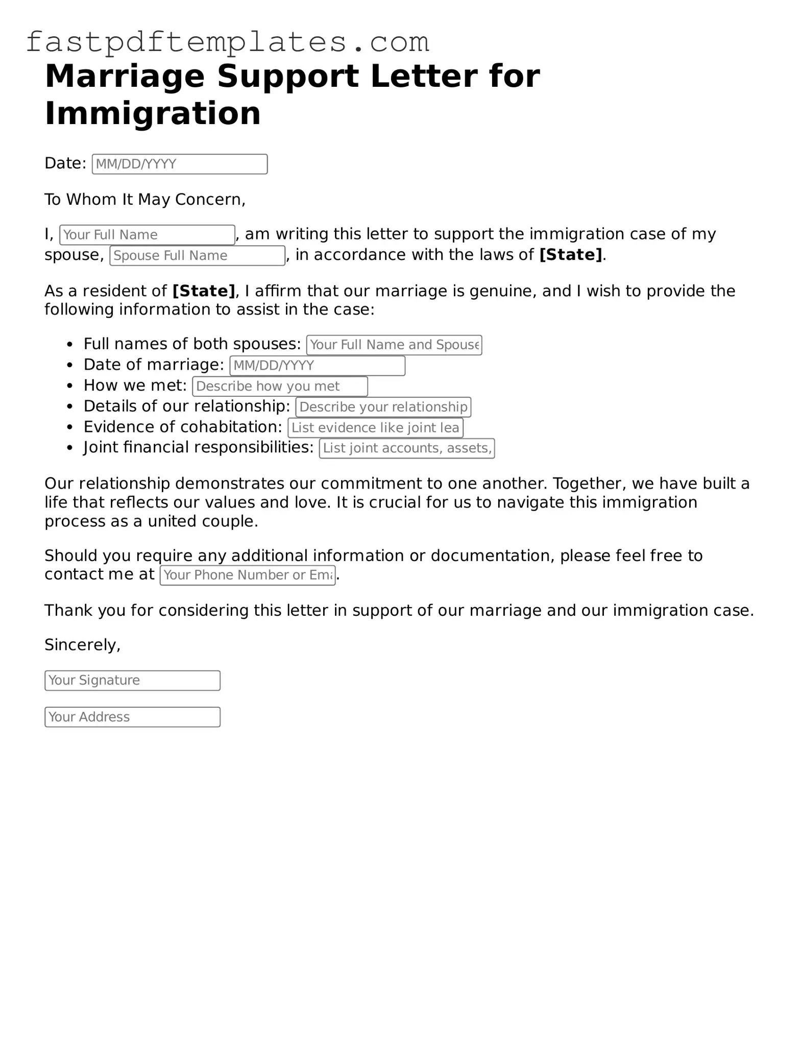 Fillable Marriage Support Letter for Immigration Document