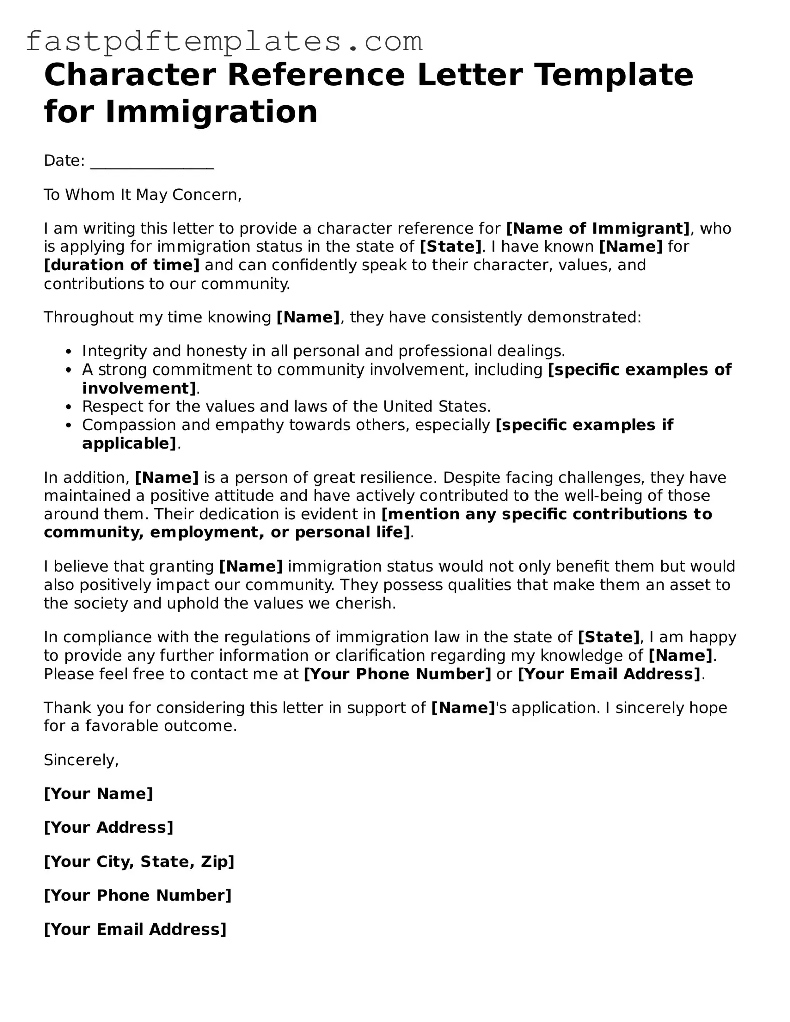 Fillable Character Reference Letter for Immigration Document
