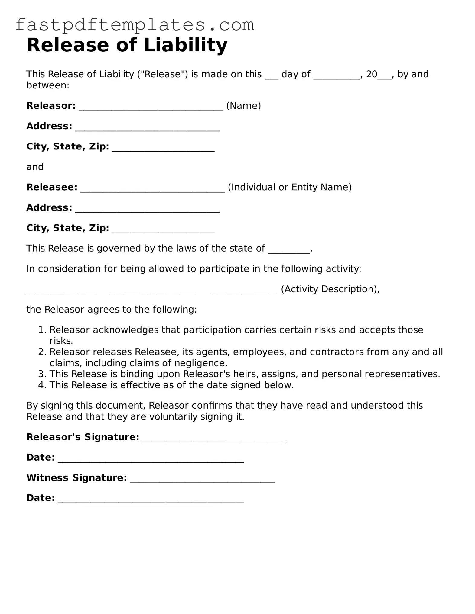 Fillable Release of Liability Document