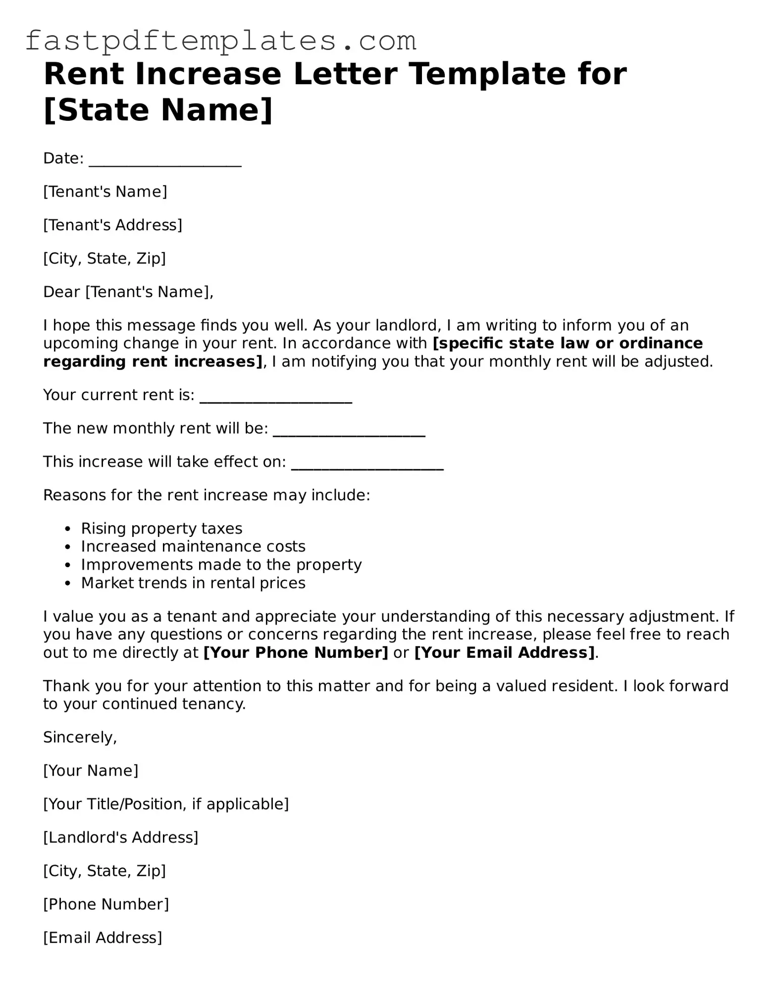 Fillable Rent Increase Letter Document