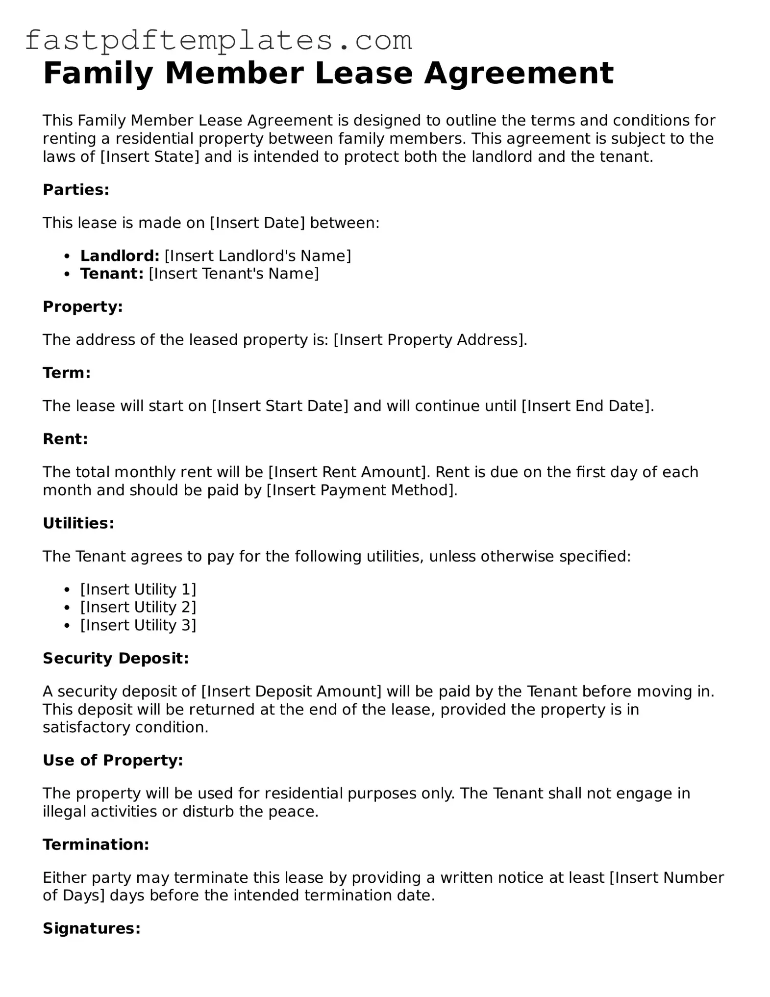Fillable Family Member Lease Agreement Document