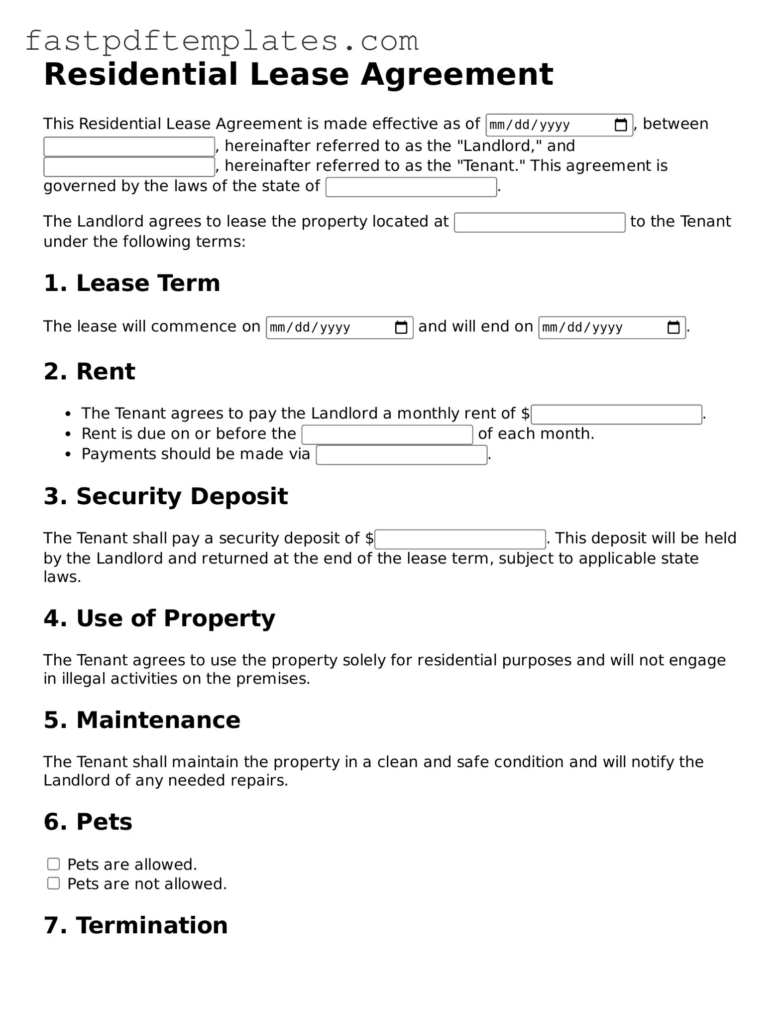 Fillable Lease Agreement Document