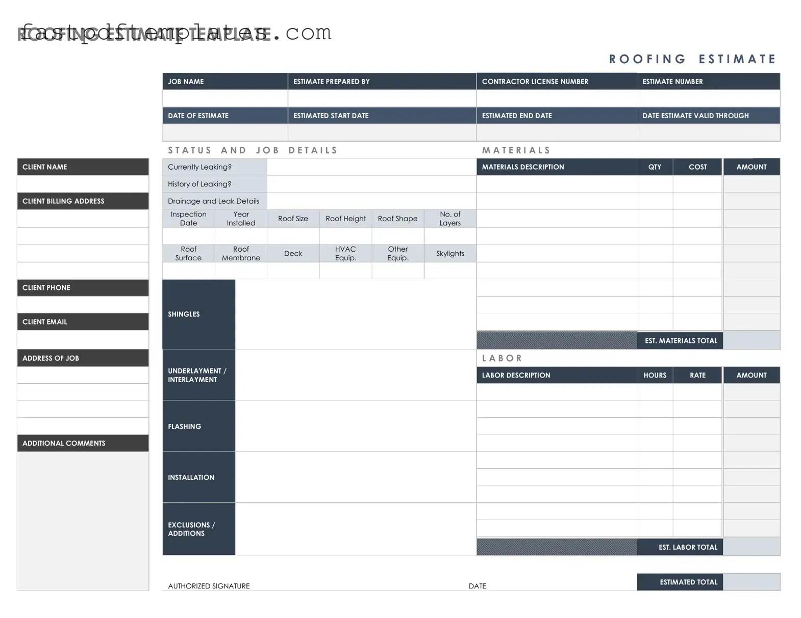 Blank Roofing Estimate Form