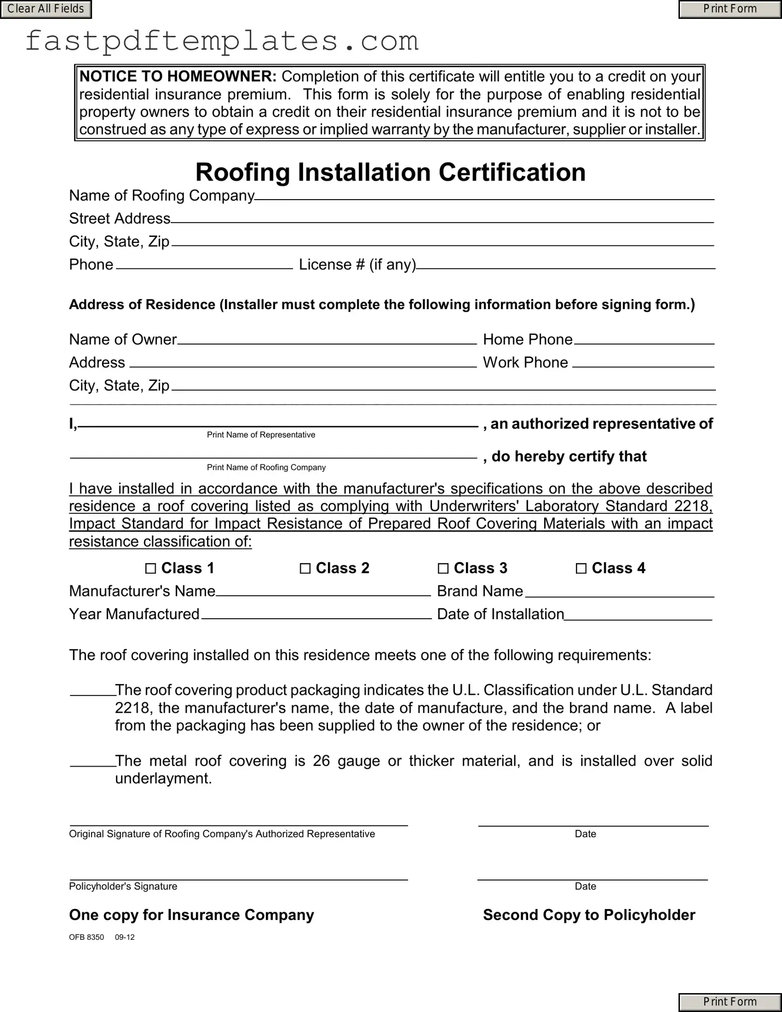 Blank Roofing Certificate Form