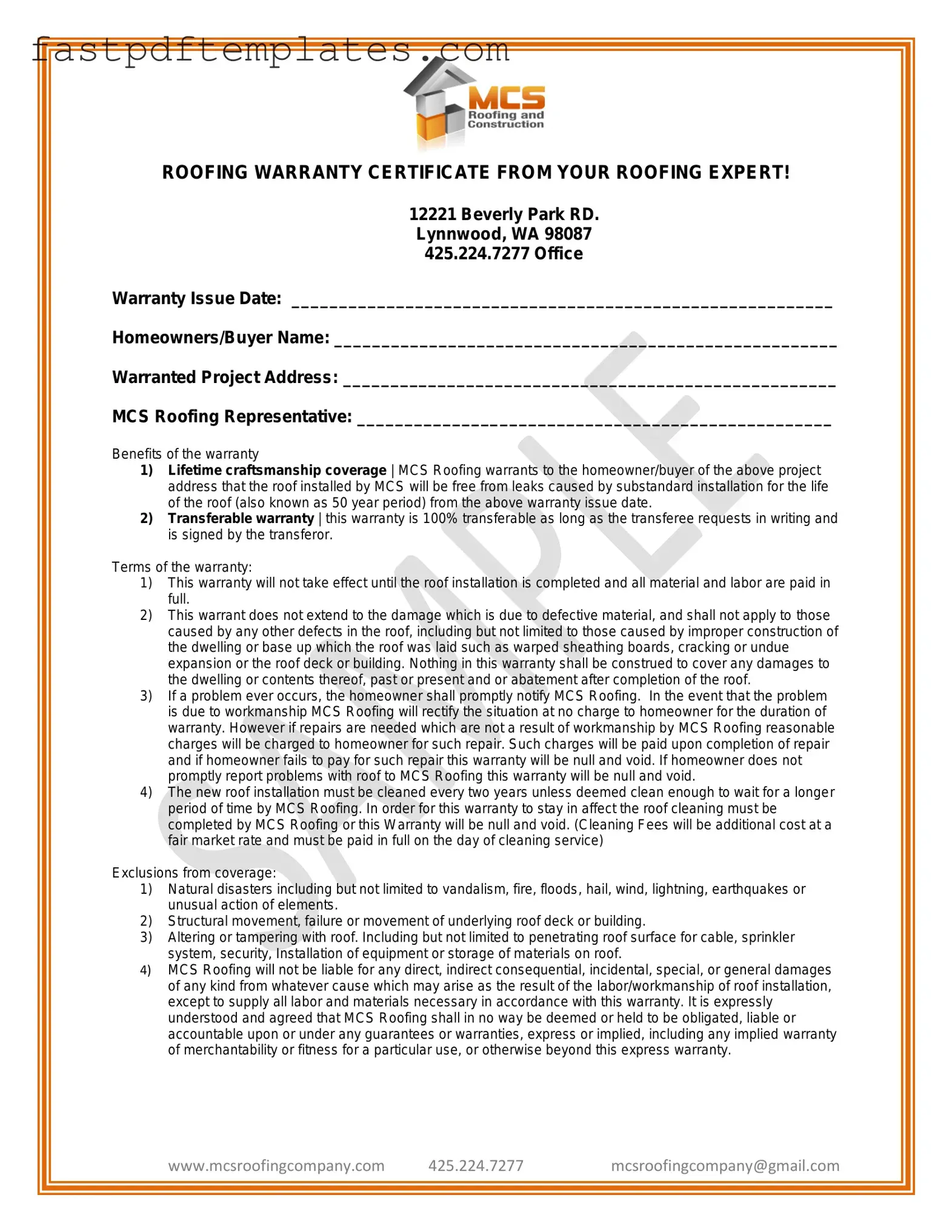 Blank Roofing Warranty Certificate Form
