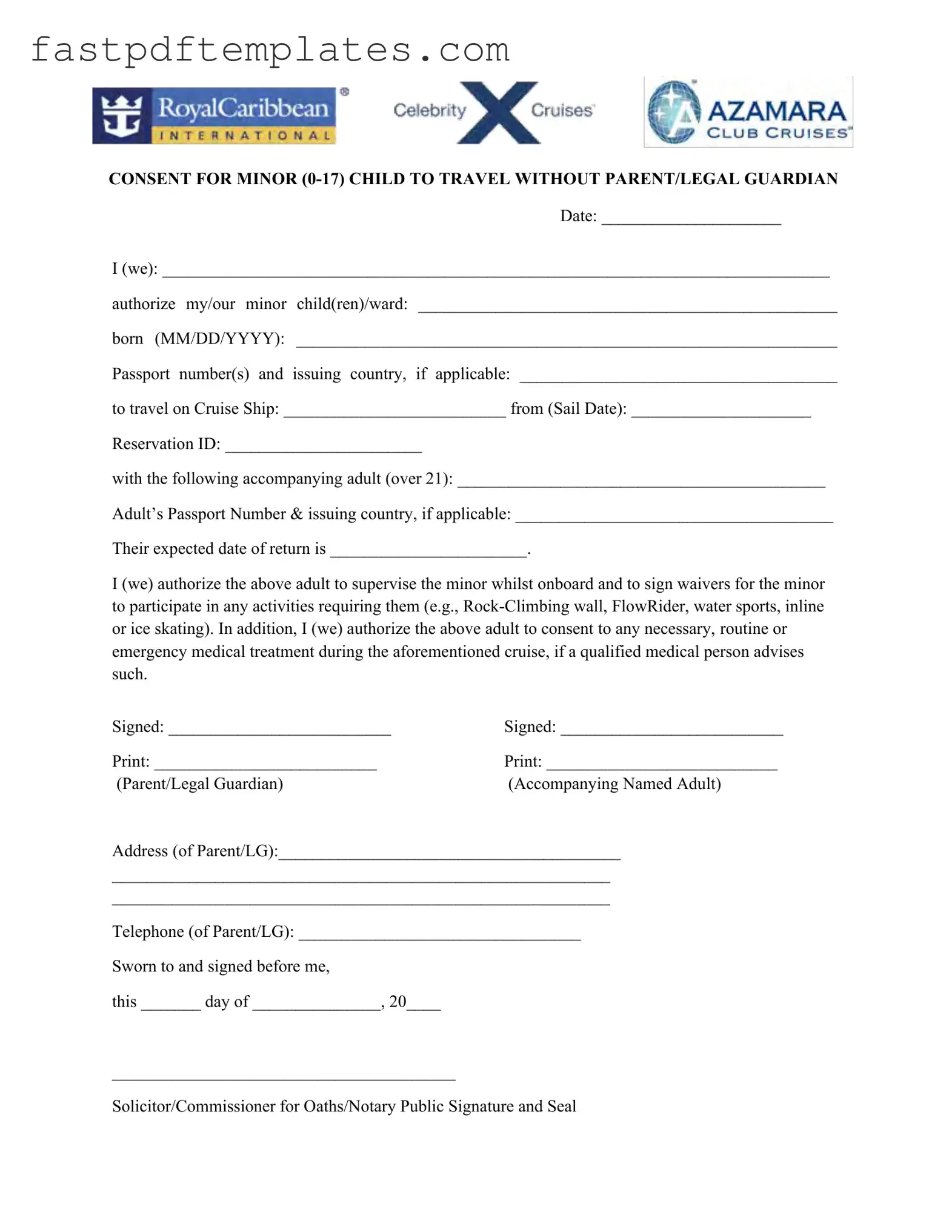 Blank Royal Caribbean Parental Consent Form