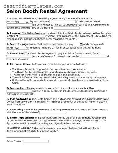 Fillable Salon Booth Rental Agreement Document