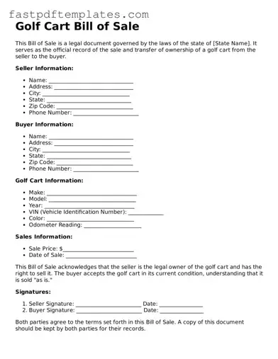 Fillable Golf Cart Bill of Sale Document