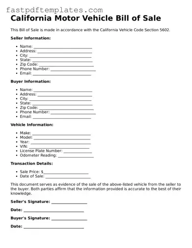 Attorney-Approved California Motor Vehicle Bill of Sale Document