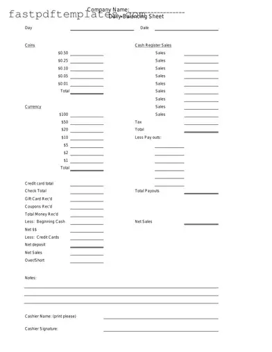 Blank Cash Drawer Count Sheet Form