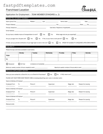 Blank Chick Fil A Job Application Form