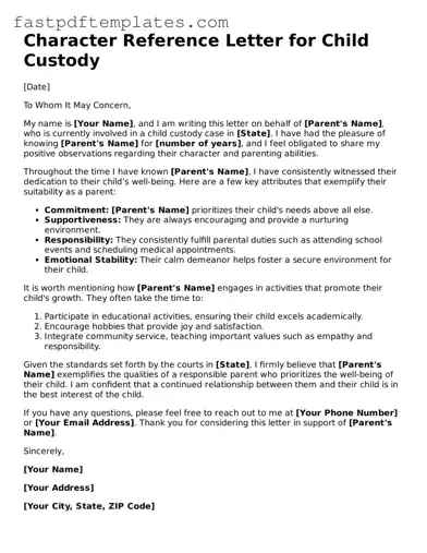 Fillable Character Reference Letter for Child Custody Document