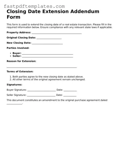 Fillable Closing Date Extension Addendum Form Document
