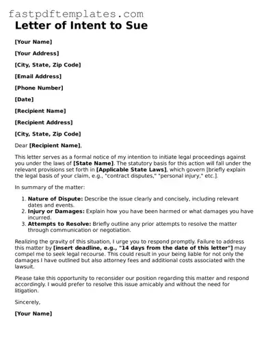 Fillable Letter of Intent to Sue Document