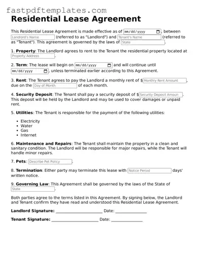 Fillable Residential Lease Agreement Document