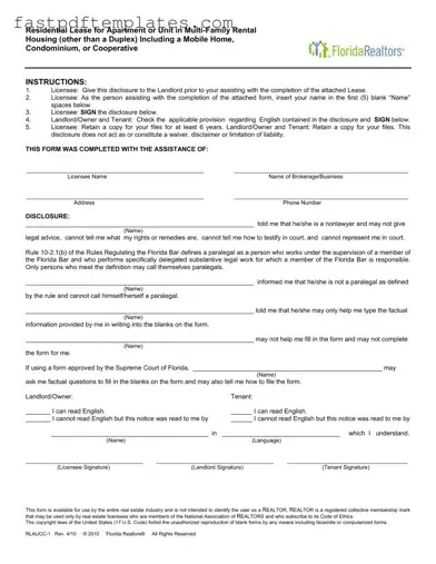 Blank Florida Realtors Residential Lease Form
