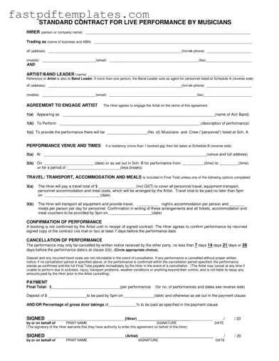 Blank Live Performance Contract Form