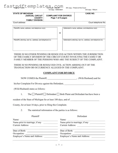 Blank Michigan Complaint Divorce Form