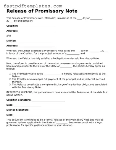 Fillable Release of Promissory Note Document