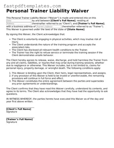 Fillable Personal Trainer Liability Waiver Document