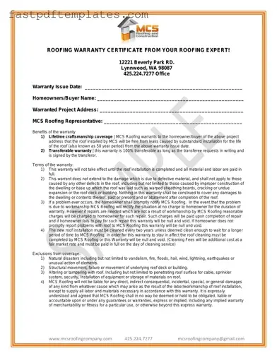 Blank Roofing Warranty Certificate Form