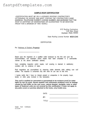 Blank Sample Roof Certification Form