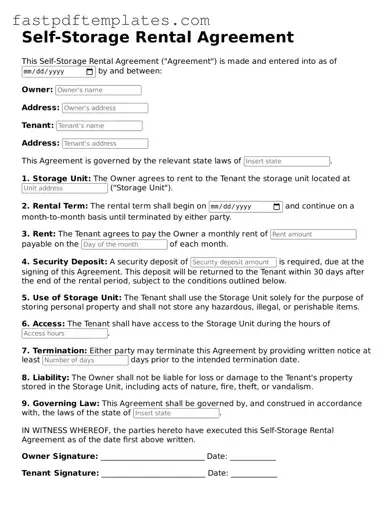 Fillable Self-Storage Rental Agreement Document
