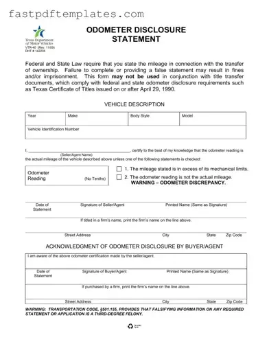 Blank Texas Odometer Statement Form