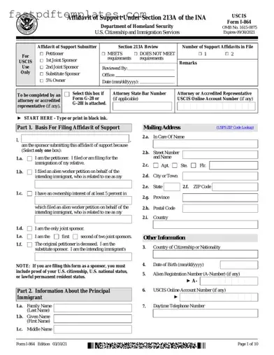 Blank USCIS I-864 Form