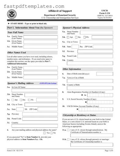 Blank USCIS I-134 Form