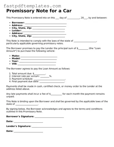 Fillable Promissory Note for a Car Document