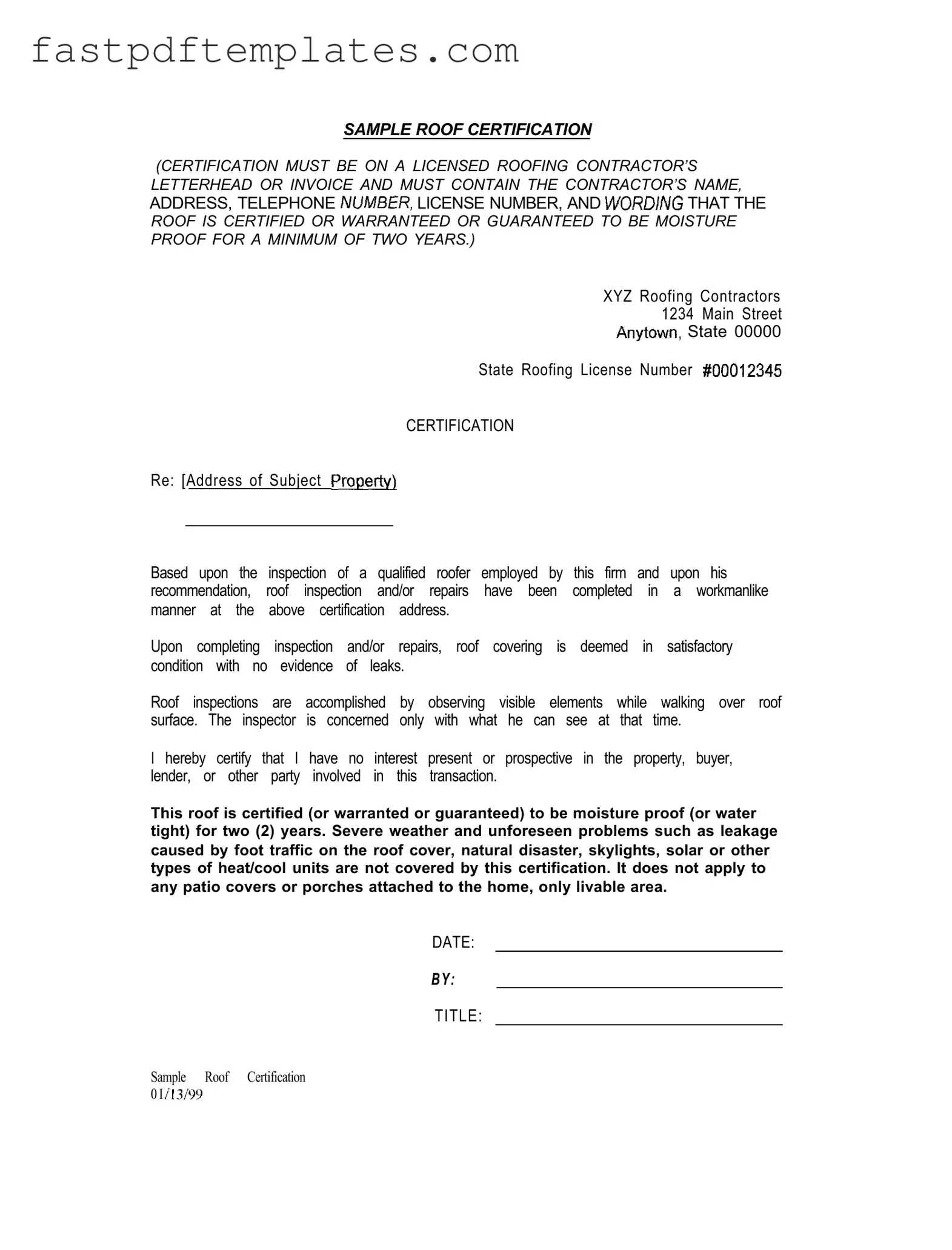 Blank Sample Roof Certification Form