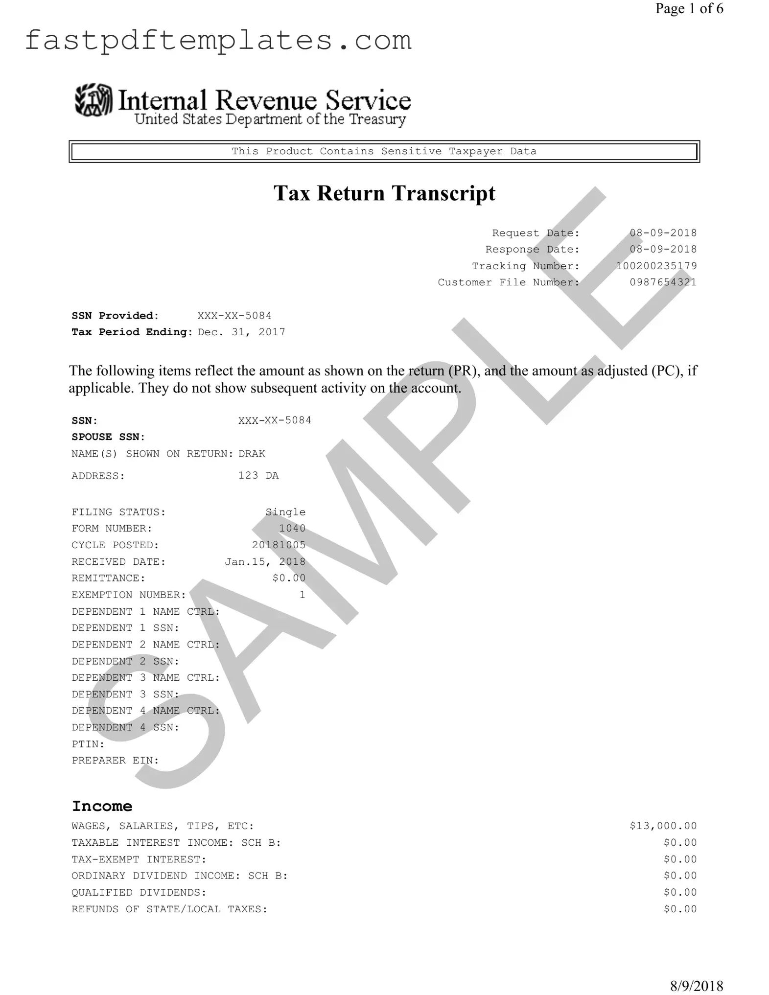 Blank Sample Tax Return Transcript Form