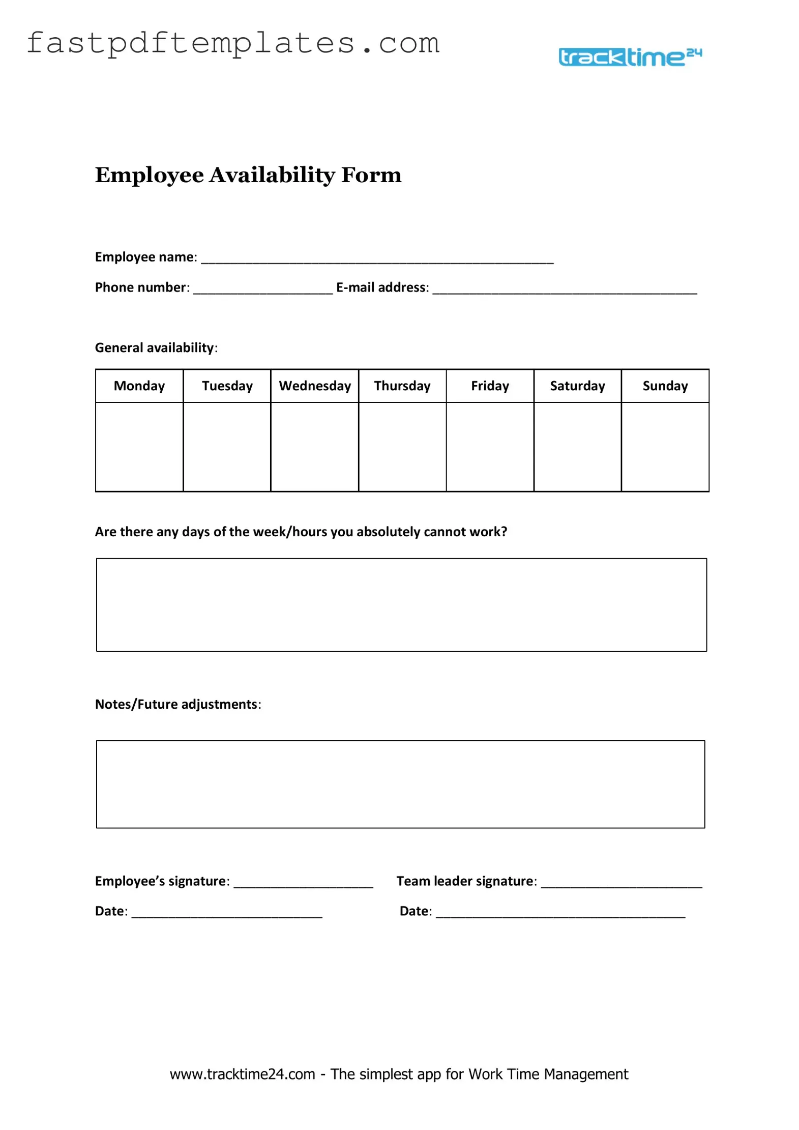 Blank Employee Availability Form