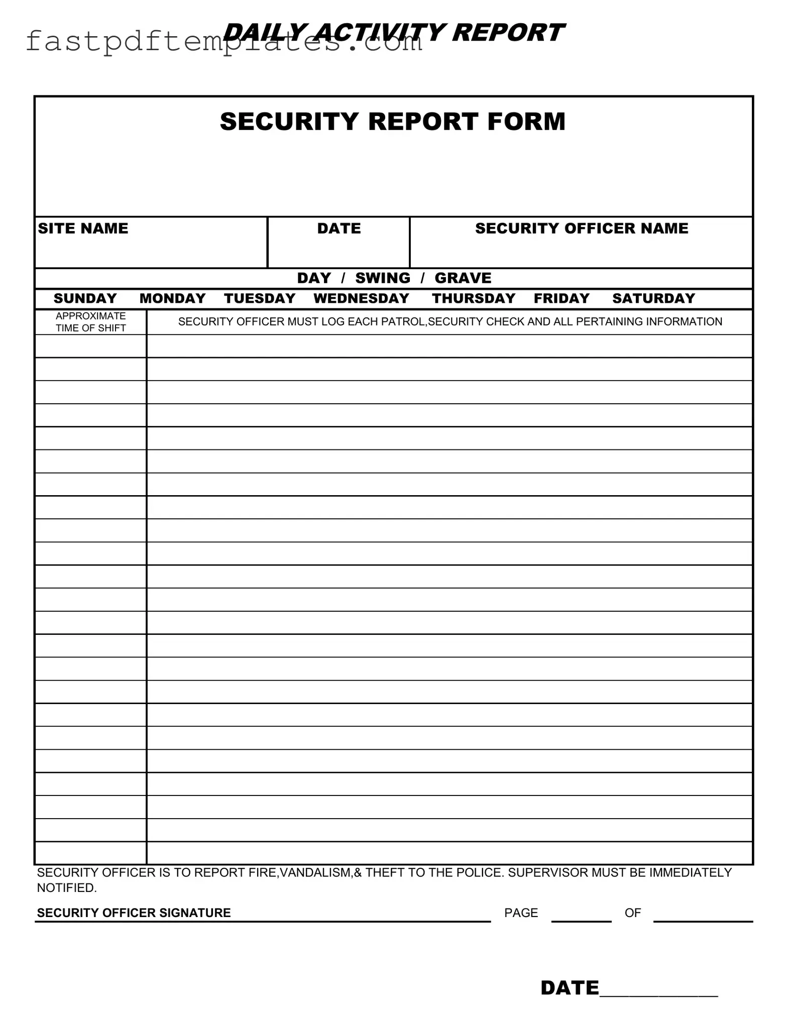 Blank Security Guard Daily Report Sample Form